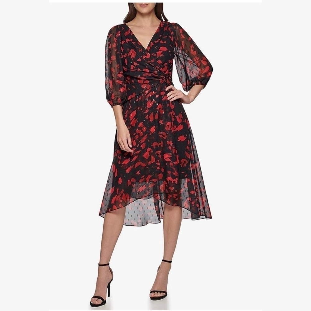 DKNY Long Sleeve Balloon Sleeve Twist Front Dress